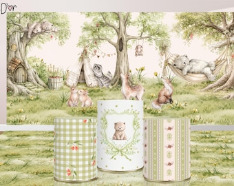 Printable Forest-Themed Party Digital Kit |  Decoration Kit | Backdrop, birthday Panel, Cylinder Covers, and Floor Mat | Free Custom Sizing