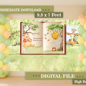 May include: A digital backdrop featuring an open storybook illustration of Winnie the Pooh and Tigger in a forest setting with a beehive and honey pot. The image includes text reading 9,8 x 7 Feet, IMMEDIATE DOWNLOAD, and DIGITAL FILE.