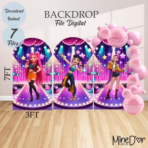 Pode incluir: Fundo digital com três cantores animados em um palco com um esquema de cores rosa e roxo. O fundo tem 213 cm de altura e 91 cm de largura. O texto "BACKDROP File Digital" está no topo. A imagem também inclui o texto "Download Instant" e "7 Files".