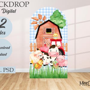 May include: A digital backdrop featuring a farm scene with a red barn, windmill, and tractor. The illustration includes a cow, pig, sheep, and chicks. The backdrop has the text "BACKDROP File Digital" and "2 Files Download Instant PDF. PSD".