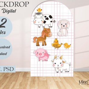 May include: Digital backdrop featuring watercolor illustrations of farm animals, including a cow, dog, horse, pig, goat, and chicks. The backdrop has a grid pattern and the text "BACKDROP File Digital" and "2 Files Download Instant PDF. PSD".