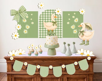 Silly Goose Baby Shower Bundle, Personalized Invitation and Welcome Sign, Games, Party Hat & Favor Box, Sage Green Gingham Decor, Custom