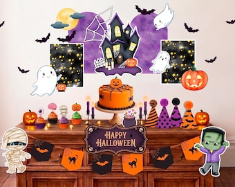 Printable Halloween Party Kit | DIY Spooky Decor Bundle | 30 PNG Digital Print and Cut | Banners, Hats, Cupcake Toppers | Instant Download