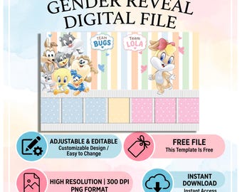 Baby Looney Gender Reveal Backdrop Digital File | Team Bugs or Team Lola | Baby Shower Background |Art Green and lilac | blue and pink