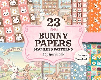 Bunny Seamless Patterns PNG, Kawaii Easter Digital Paper Pack, Cute Rabbit Scrapbook Paper, Pastel Backgrounds