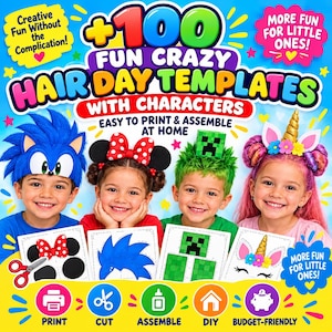 Puede incluir: Un producto digital titulado +100 Fun Crazy Hair Day Templates with Characters que muestra a cuatro niños con accesorios de papel. El texto incluye Creative Fun Without the Complication, More Fun For Little Ones y Easy to Print & Assemble.