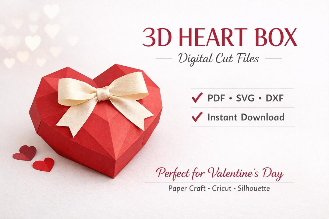 3D Heart Box SVG DXF PDF | Valentine’s Day Gift Box | Paper Craft Cut ...