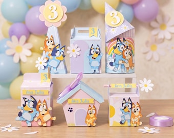 Blue Dog Party Favor Box Templates | Studio 3 Cut File | Milk Box, Pyramid & Candy Box | Kids Birthday 3D Papercraft Digital Download