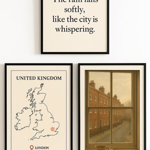 Juego de 3 lienzos decorativos de Londres: Vista de la calle desde una ventana, póster de mapa y cita "Ciudad lluviosa" - Impresiones digitales