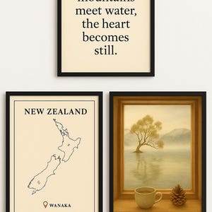 Lot de 3 oeuvres d'art murales Wanaka - Nouvelle-Zélande, carte minimaliste et citation poétique - Impressions numériques