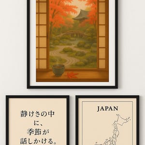 Kyoto Wall Art 3er Set - Japanischer Garten Ansicht, Karte Poster & Zen Zitat - Digitaldrucke