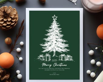 May include: A Christmas card with a white sketched Christmas tree, gifts, and star on a dark green background. The text reads "Merry Christmas 2025" and a holiday message. The card is surrounded by festive decorations.