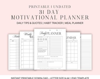 31-Day Motivational Planner | Printable Meal Planner, Habit Tracker, Gratitude Journal, Self-Care Challenge PDF