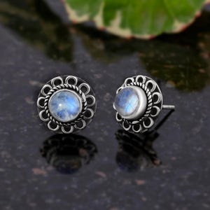 Natural Moonstone Rainbow Studs in 925 Silver