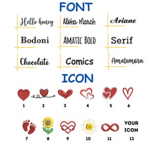 Puede incluir: Un gr&aacute;fico que muestra estilos de fuente e iconos. La palabra "FONT" est&aacute; en la parte superior, seguida de nombres de fuentes como "Hello honey" y "Aloha March". Debajo, se muestran varios iconos de coraz&oacute;n y s&iacute;mbolos, numerados del 1 al 12. Tambi&eacute;n est&aacute; presente la palabra "ICON".