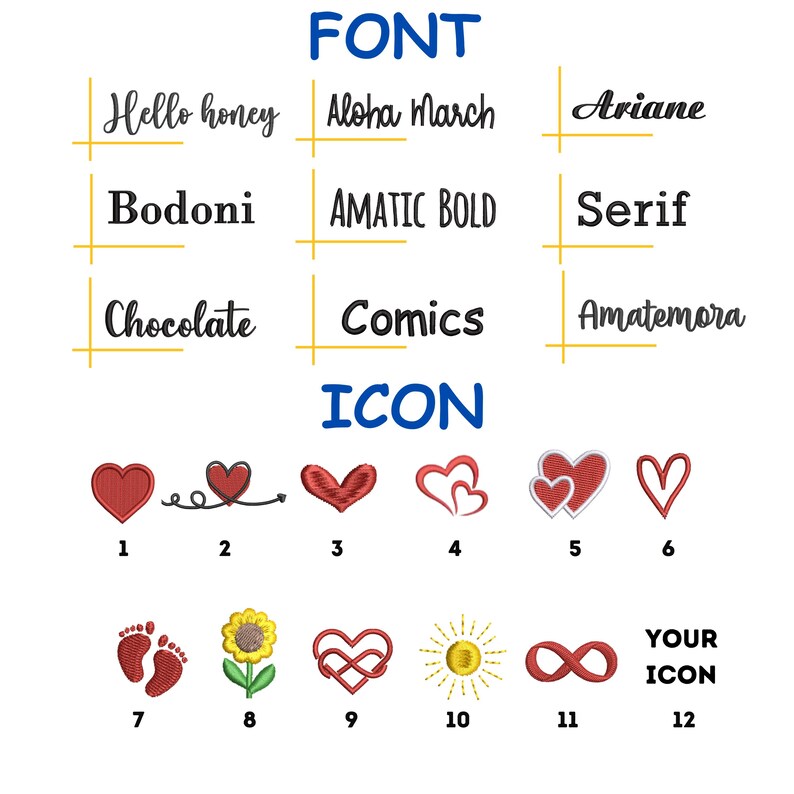 Puede incluir: Un gr&aacute;fico que muestra estilos de fuente e iconos. La palabra "FONT" est&aacute; en la parte superior, seguida de nombres de fuentes como "Hello honey" y "Aloha March". Debajo, se muestran varios iconos de coraz&oacute;n y s&iacute;mbolos, numerados del 1 al 12. Tambi&eacute;n est&aacute; presente la palabra "ICON".