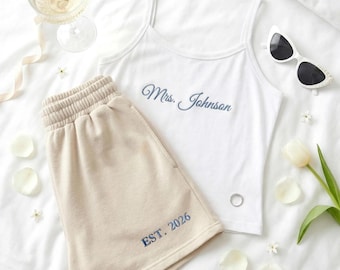Custom Mrs. Embroidered Tank And Wedding Date Shorts Set, Bridal Lounge Wear, Getting Ready Outfit, Engagement Gift For Bride
