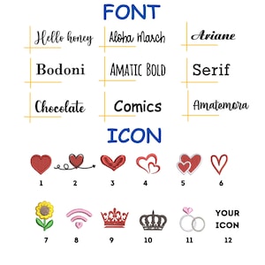 May include: A white background displays the words "FONT" and "ICON" in blue. Below, various font styles and icons are shown, including hearts, crowns, and rings. The image is a design resource.