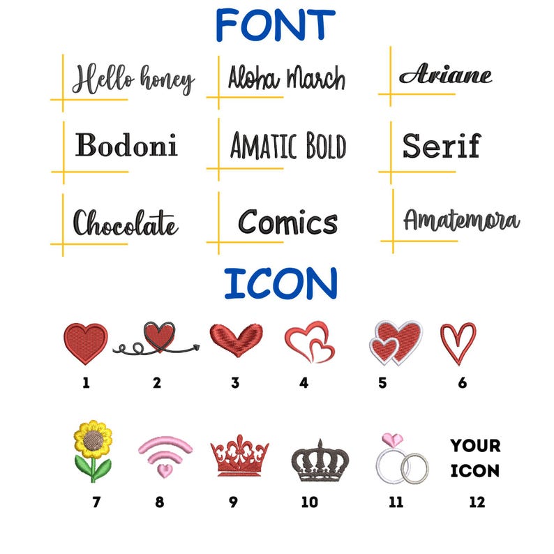 May include: A white background displays the words "FONT" and "ICON" in blue. Below, various font styles and icons are shown, including hearts, crowns, and rings. The image is a design resource.