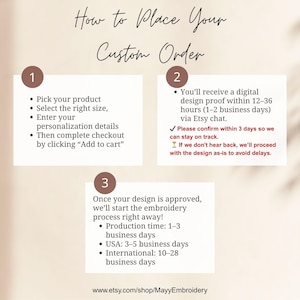 May include: Image detailing the custom order process. Steps include product selection, size, personalization, and checkout. Digital design proofs are sent via Etsy chat within 12-36 hours. Production time is 1-3 business days.