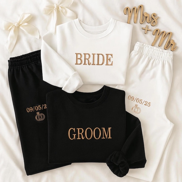 Personalized Bride Groom Sweatshirt Set – Embroidered Honeymoon Outfit