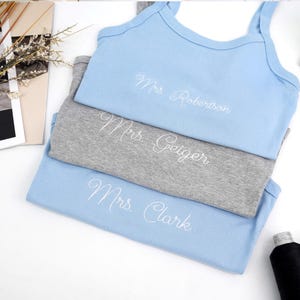 Embroidered Spaghetti Strap Baby Tee Tank Top, Mrs. Tank, Bride Shirt, Bridesmaid Tank Top, Personalized Bridal Shower Gift, Engagement Gift