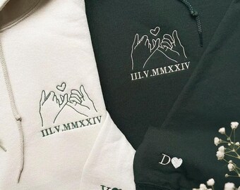 Custom Pinky Promise Hoodie - Embroidered Anniversary Gift - Personalized Roman Numeral Date Hoodie - Valentines Day Gift