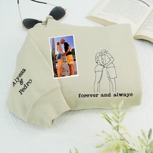 1st Wedding Anniversary Gift Ideas For Him - Embroidered Couple Portrait Hoodie - Hoodies With Picture Outline - Matching Couple Shirt