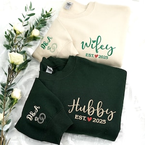 Custom Wifey and Hubby Sweatshirts - Matching Embroidered Couple Crewnecks, Personalized Just Married Sweater,Honeymoon Outfit for Newlyweds