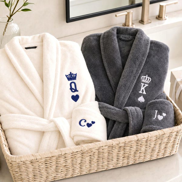 Embroidered Anniversary Robes For Couples - His And Her Robes With Initials - Newlywed Robe - King And Queen Gift For Wedding - Couple Gift