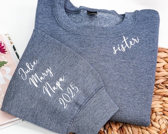 Embroidered Sister Sweatshirt – Custom Names on Sleeve, Bestie Gift