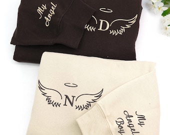 Sudaderas personalizadas con alas de ángel bordadas e iniciales - Sudaderas a juego para parejas - Sudaderas de ángel para padres - Regalos conmemorativos
