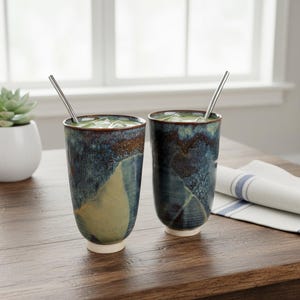 May include: Two tall ceramic tumblers with a blue, brown, and green glaze, each containing a green beverage with ice and a silver stirring spoon. The tumblers sit on a wooden surface, next to a white napkin with blue stripes.