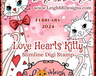 Love Hearts Kitty - Slimline Digi Stamp - Loveleigh Kitties Collection by LeighSBDesigns