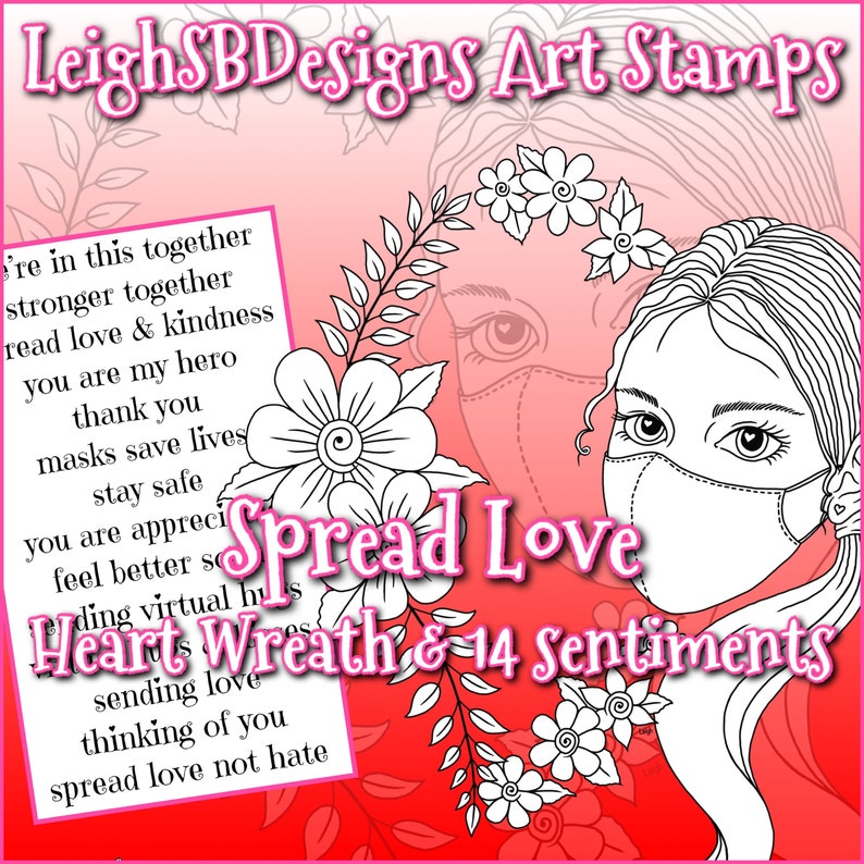 Spread Love Heart Wreath & 14 Sentiment set  whimsical digi image 0