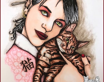 Neko - whimsical Japanese inspired realistic digi art stamp of a girl holding a cat - see info for promo code