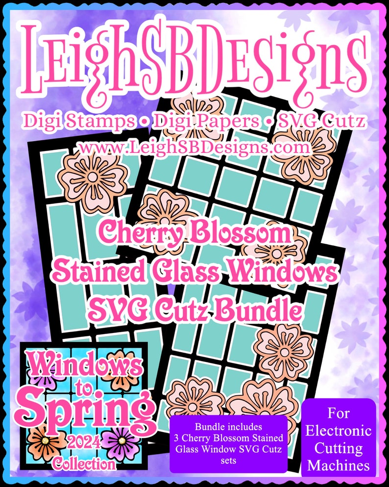 Cherry Blossom Stained Glass Windows SVG Cutz Bundle Cut Files Only Windows to Spring 2024 Collection by LeighSBDesigns image 1