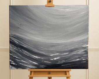 Original Black and White Ocean Oil Painting with Flying Birds, Minimalist Wall Art, Monochrome Seascape on Canvas - "Seven by the Ocean"