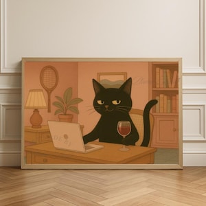 Cat Drinking Wine Digital Art – Funny Oil Painting Style Illustration – Printable Cat Wall Art for Home, Office, or Digital Display