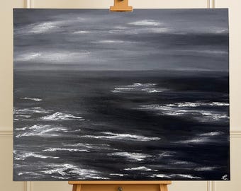 Original Black and White Ocean Oil Painting, Moody Seascape Wall Art on Canvas, Minimalist Coastal Home Decor - "Between Storms"