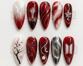 Kpop Cat Eyes Press On Nails, Red White Kpop Nail Set Handmade Gel Nails Glitter Star Nails Cute Korean Nail Art Reusable Nails, Army Gift