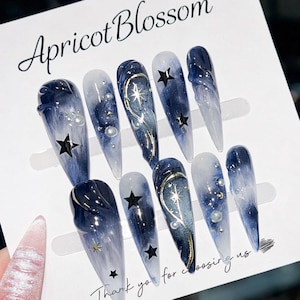 Galaxy Press On Nails Long Stiletto, Blue Ombre Star Nails, Celestial Nail Set, Luxury Handmade Nails, Glitter Space Nails, Statement Nails