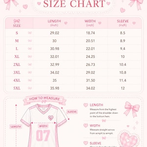 May include: A pink and white size chart for a t-shirt, with measurements in inches for sizes S through 5XL. The chart includes length, width, and sleeve measurements. The image also shows how to measure the shirt.