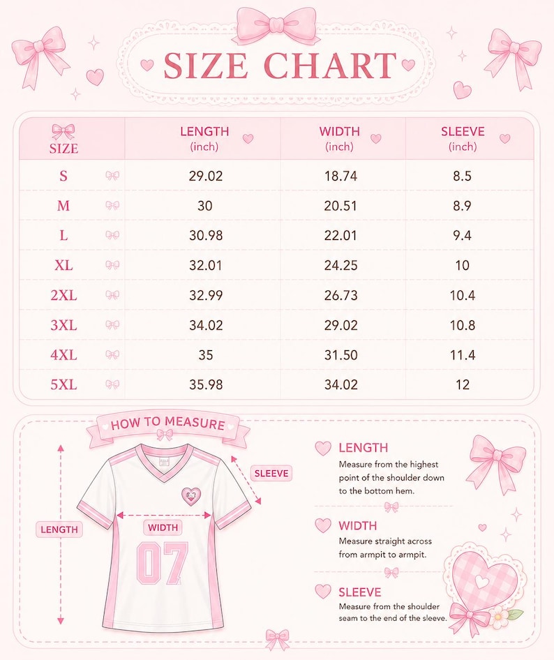 May include: A pink and white size chart for a t-shirt, with measurements in inches for sizes S through 5XL. The chart includes length, width, and sleeve measurements. The image also shows how to measure the shirt.