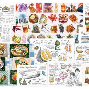 Può includere: Un collage di illustrazioni e disegni raffiguranti la cucina, la cultura e i punti di riferimento del sud-est asiatico. Include immagini di frutta durian, piatti, edifici e figure culturali. Il testo include "Know Your Durian".