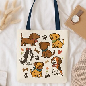 Dog Lover Tote Bag | Cute Cartoon Dogs & Paw Print Design, Reusable Canvas Bag Gift