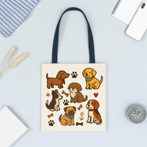 Dog Lover Tote Bag | Cute Cartoon Dogs & Paw Print Design, Reusable Canvas Bag Gift