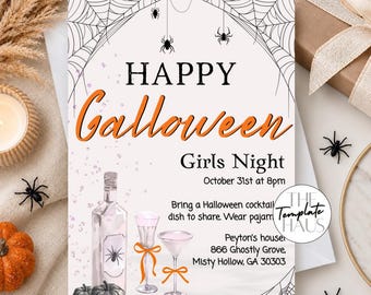 Puede incluir: Una tarjeta de invitación rectangular con un borde de telaraña negra, arañas colgantes y el texto HAPPY Galloween Girls Night October 31st at 8pm. Incluye ilustraciones de una botella, dos copas de cóctel y calabazas.