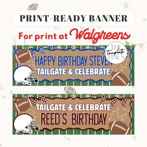 Puede incluir: Dos pancartas de cumpleaños rectangulares con temática de fútbol americano y fondo de campo verde. La pancarta superior dice HAPPY BIRTHDAY STEVEN TAILGATE & CELEBRATE en azul. La inferior dice TAILGATE & CELEBRATE REED'S BIRTHDAY en texto granate.