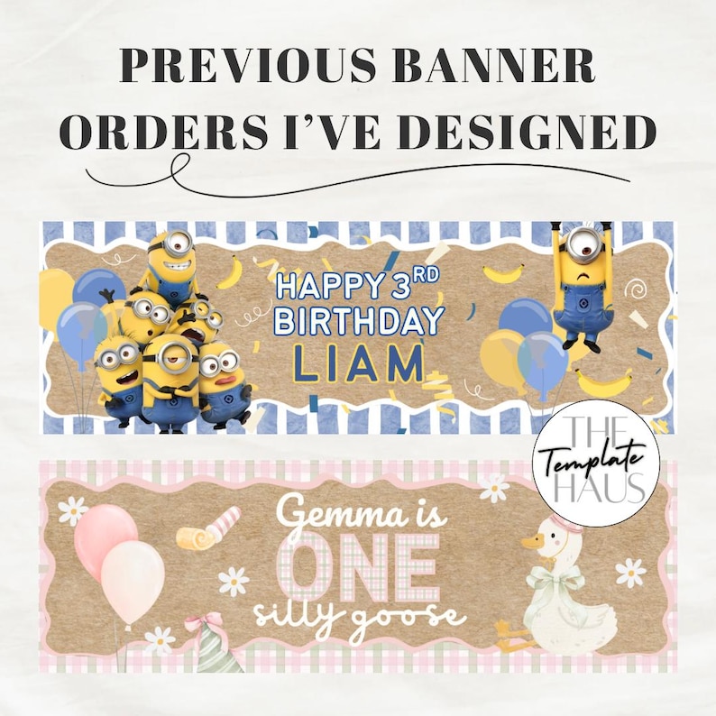 Pu&ograve; includere: Due striscioni di compleanno rettangolari con testo. Lo striscione superiore mostra Minion gialli, palloncini blu e il testo HAPPY 3RD BIRTHDAY LIAM. Lo striscione inferiore mostra un'oca bianca, palloncini rosa e il testo Gemma is ONE silly goose.